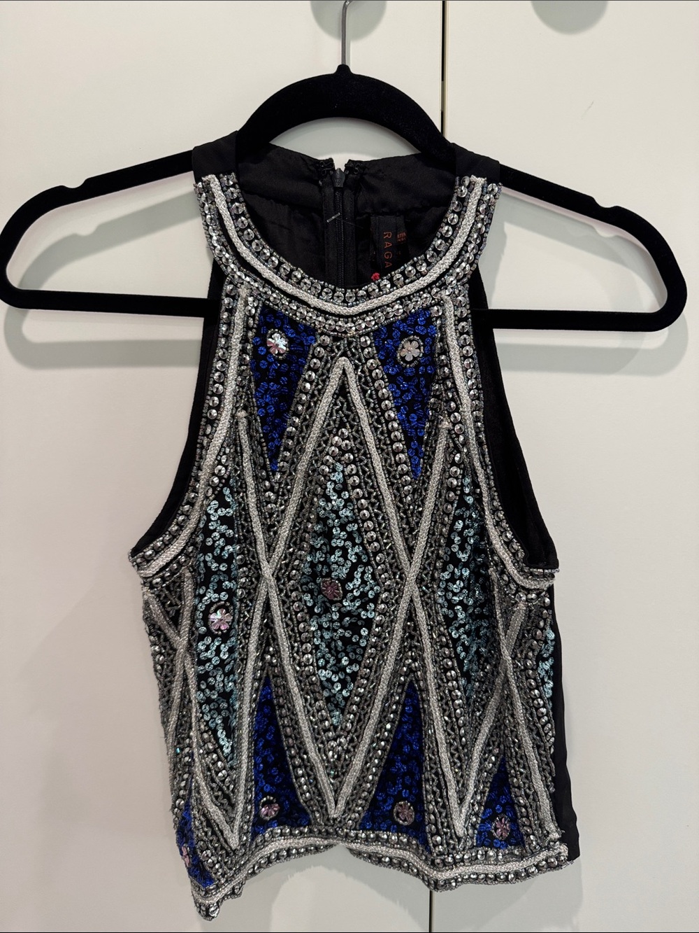 RAGA Black Sequin & Silver Beaded Halter Crop Top